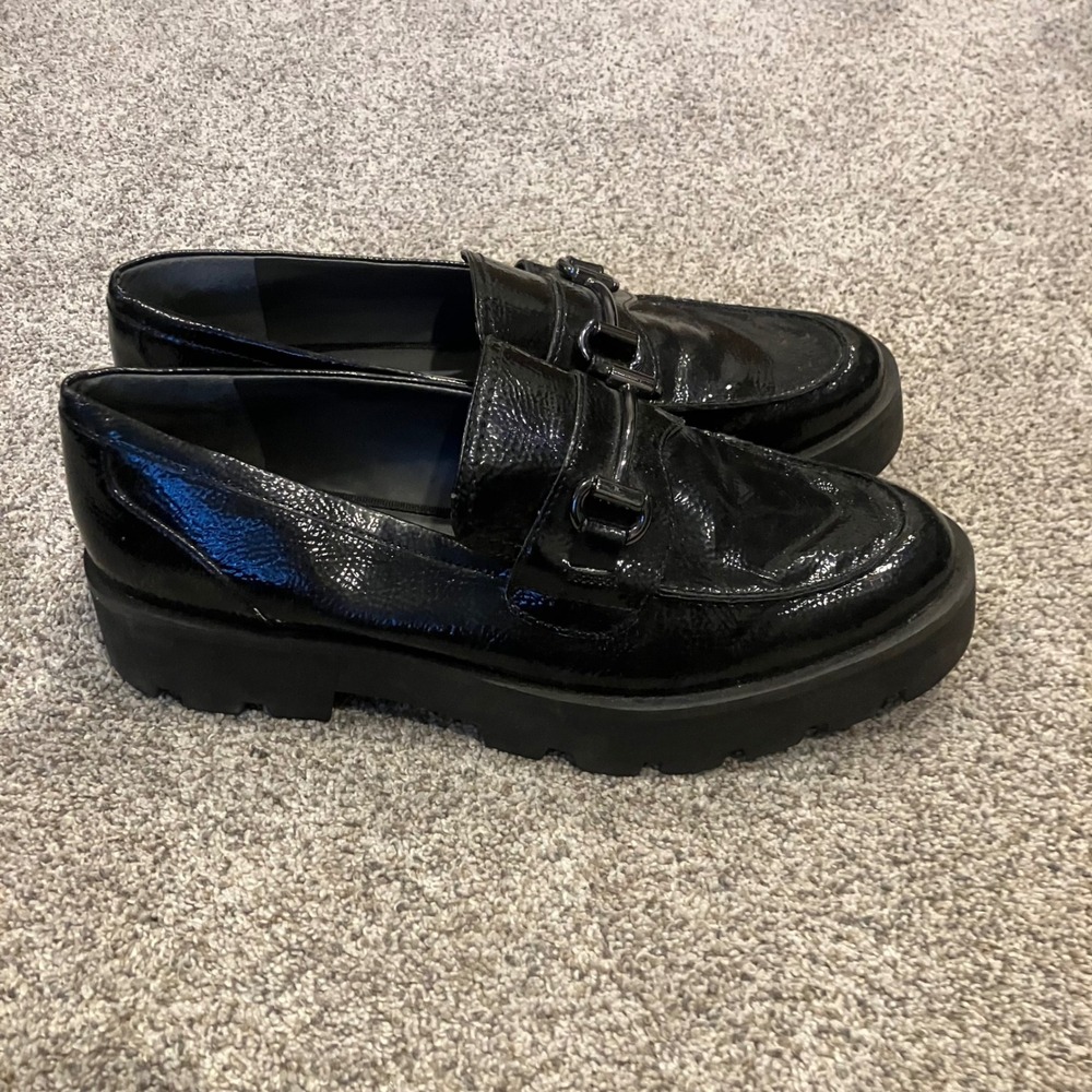 Franco Sarto Bergamot Black Crinkle Patent Lug Sole Bit Loafers Womens 10M